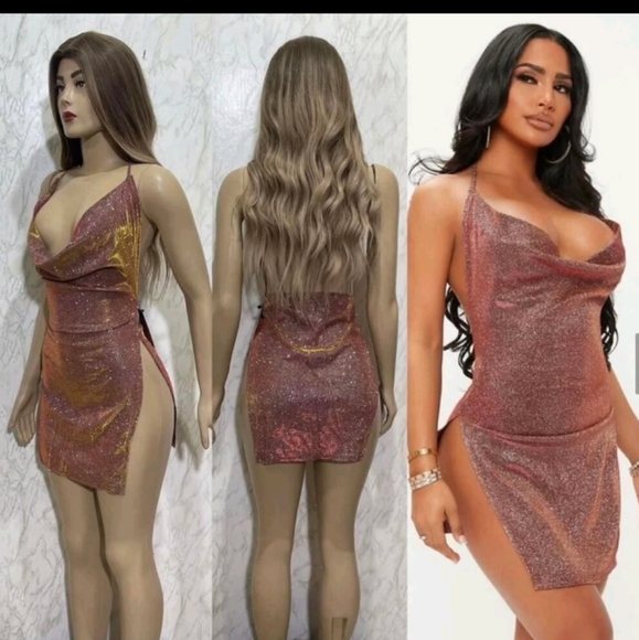 🆕 Metallic Color Slit Hem Open Back Ruched Halter Dress - Picture 5 of 7